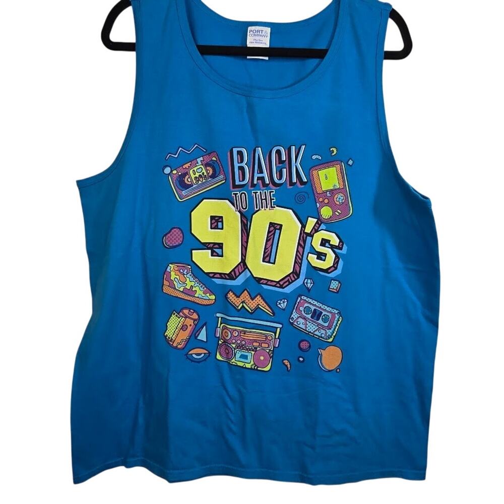 Vintage Port & Company Retro Back To the 90's Graphic Blue Tank Top Mens Size XL